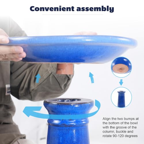 Ceramic Pedestal Bird Bath for Outside, 15 x 12 Inch, Sapphire Blue | Glazed Finish, Easy Twist-to-Lock Assembly - color: Sapphire Blue