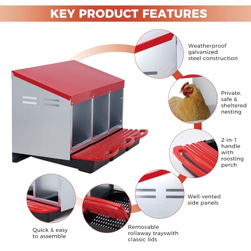 Chicken Nesting Box 3-Compartment Roll-Out with Pull-Out Trays, Egg Nesting Boxes for Hens, Chicken Coop Laying Box,Easy Wall Mounting with Metal Legs - color: Nesting Box Pads, size: 3 holes