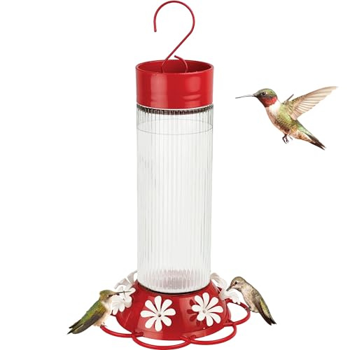 Nature's Way Hanging Glass Hummingbird Feeder for Outdoor Décor, 28 Ounce Capacity Nectar Feeder, Ant Moat, 7 Easy to Clean Flexible Ports, Red - style: 28 Ounce Capacity