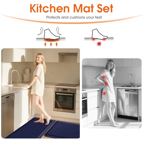 TranquilRelax 4/5 Inch Cushioned Anti Fatigue Kitchen Mats for Floor, Blue | 2PCS Kitchen Rugs, Non-Slip Standing Desk Mat, Comfortable Standing Rug Set for Kitchen & Laundry, 17.3"×30"+17.3"×59" - color: Blue, size: 2-Piece | 28"+59" | Extra Thick