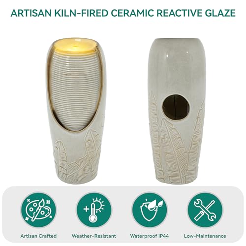 Autodaya 32"H Jar Ceramic Outdoor Water Fountain, Sand Beige Foilage Design | Artisan high-fired ceramic, warm LED ambient lighting, upgraded pump, soothing cascading water feature for garden patio yard - color: 32"h-leaf Pattern Beige Glaze