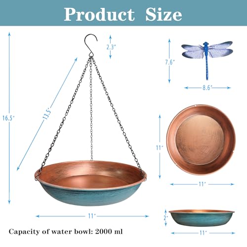Hanging Bird Bath for Outdoors,11Inch Double Patchwork Birdbath Bowl Window Birds Feeder with 13.5 in Rust-Proof Black Chains Metal Hanging Birds Feeder for Garden Backyard Decor Copper Blue