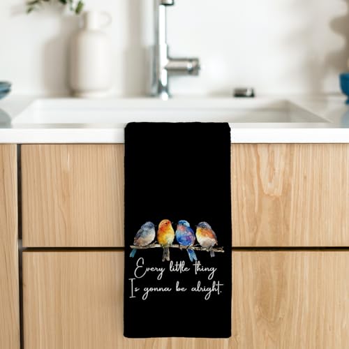 Every Little Thing is Gonna Be Alright Kitchen Towels 16x24 Inch, Sparrow Bird Gifts for Bird Lovers Women, Inspirational Quotes Tea Hand Towels(Black) - color: Black
