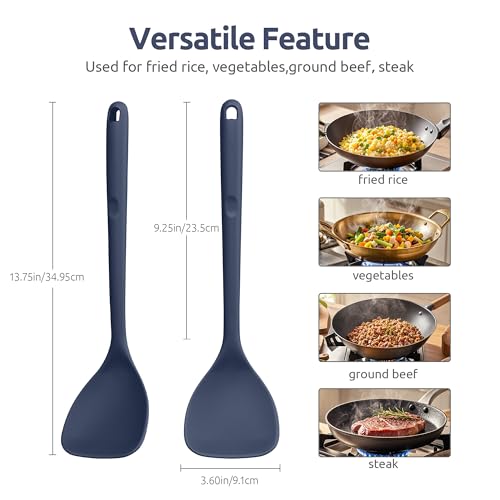U-Taste 600ºF Heat Resistant 13.6in Long Solid & Slotted Silicone Turner and 600ºF Heat Resistant 13.76" Long, 3.63" Wide Wok Spatula for Kitchen Stir Fry (Midnight Blue)