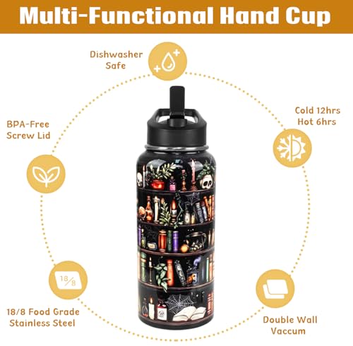 Bookshelf Water Bottle with Straws Halloween Skull Goth Insulated Bottles Travel Thermal Double Walled Vacuum Cup Leak Proof Tumbler Gifts for Readers,Reading,Bookish,Librarian-32 oz - color: black books