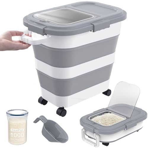 HOYTAMDA 25-35Lbs Rice Container,Collapsible Food Storage Container Wheels | Rice Storage Container with Airtight Locking Lid,Handle,Small Bin &Scoop,Rice Dispenser for Flour Sugar Cereal Grain Dog Cat - color: Grey/25-35lbs
