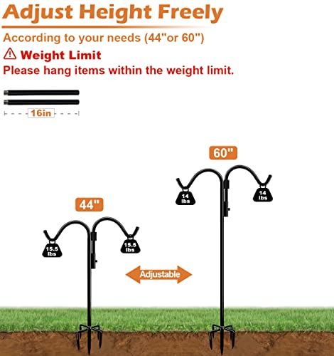 60 Inch Double Shepherds Hook for Outdoor with 5 Prong Base | Adjustable Heavy Duty Bird Feeder Pole for Hanging Flower Basket, Plant Hanger, Solar Light Lanterns, Black - size: 60in-1pcs