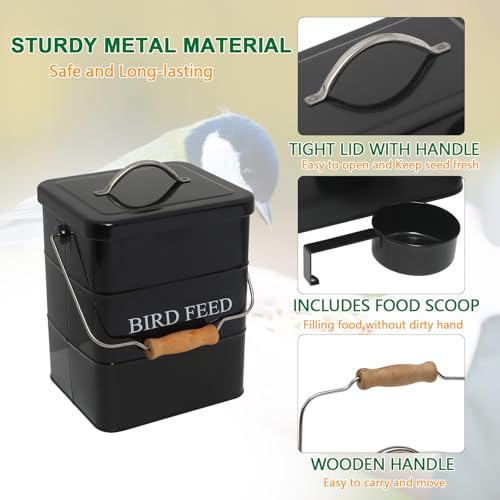Bird Seed Storage Container Airtight,5~6LB Metal Bird Food Container with Scoop,Wild Birds Feed Tin for Storing Sunflower Seed-Ideal for Outdoor or Indoor-Squirrel proof -Black - color: Black