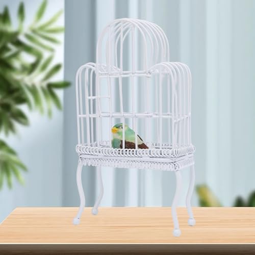 Dollhouse Bird Cage 1:12 Scale Metal Miniature Bird Cage, Realistic Opening Door, Miniature Dollhouse Bird Cage with Artificial Grass Bird Sticker (White)