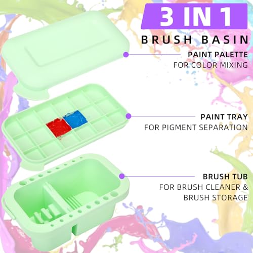 Teenyyou 4 Pcs Paint Brush Cleaner 3 in 1 Multifunction Paint Brush Basin Holder and Organizer with Brushes Holder Washer Trays Palette for Acrylic Watercolor Oil Painting