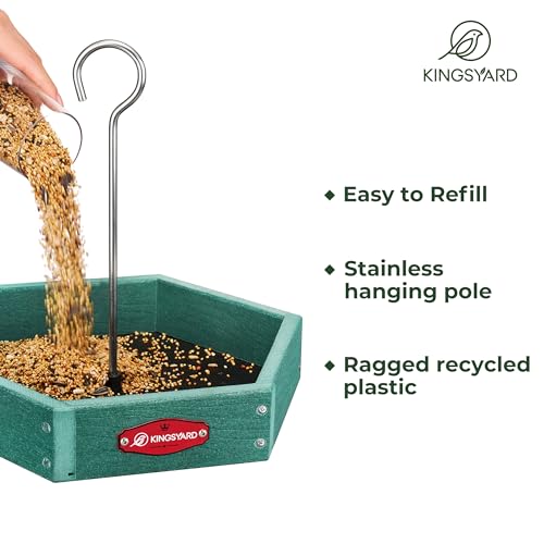 Kingsyard Hanging Platform Bird Feeder for Outdoors, Deep Tray, Green | Weather-Resistant Recycled Poly Lumber, Fast-Draining Metal Mesh Base, Easy to Clean, Holds Up to 3 lb of Seed - color: Green