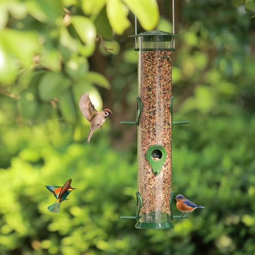 2 Packs Green Bird Feeder Tube Hanging Feeders, 6 Port Wild Bird Feeders Premium Hard Plastic with Steel Hanger Weatherproof and Water Resistant Great for Attracting Birds 18.2 Inches Large - color: 2Packs-green