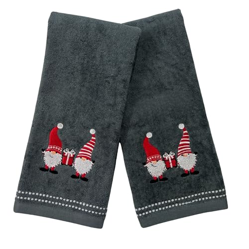 Christmas Gnomes Towel Set: Grey Hand Towels with Red White Embroidery Jolly Nordic Gnome - color: Gnome Friends