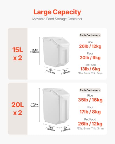 VEVOR Rice Storage Container, 3.5Gal/15Lx2 + 4.5Gal/20Lx2 Large Dog Food Dispenser Bin, Kitchen Ingredient Grain Cereal Bin, Pet food Containers with Wheels, 4 Measuring Cups, Airtight Lid, 4 Pack - size: 4.5 Gallon*2+3.5Gallon*2