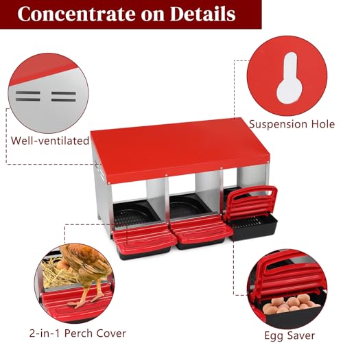Outvita 3-Compartment Chicken Nesting Boxes with Roll-Away Eggs, Red | Swing Perch and Egg-Laying Box Design Support Chicken Coop Use and Poultry Nesting - color: Red, size: 31.9"L x 20.5"W x 18.5"H