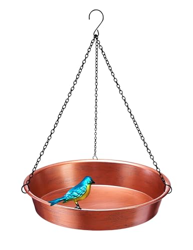Hanging Bird Bath for Outside, 11.5” Antique Copper Metal Birdbath Bowl & Feeder with Black Chain for Outdoor Garden Yard Decor (0.7 Gallon) - color: Antique Copper Finish