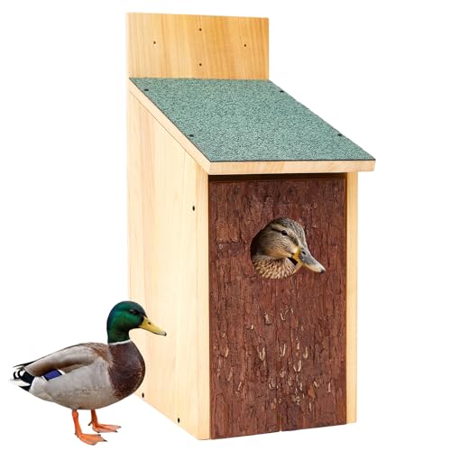 Yaocom 22.8 x 14.6 x 11.0 Inch Wooden Duck Nesting Box with Bark Door Asphalt Roof Waterproof Camouflage Duck House for Outside Tree Wall & Pole Installation