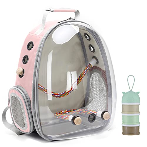 Bird Traval Carrier Cage, Clear Space Capsule Astronaut Backpack to Carry Parakeet Cockatiel Parrot with Metal Tray Bird Feeder and Wood Perch, Vet Transport Bag - color: Pink