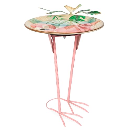 Alpine Corporation ORS876 Outdoor Metal Birdbath w/ Stylish Stand, Flamingo Pattern Birdbath Bowl and Stand, 23"H, Pink/Blue - color: Pink/Blue