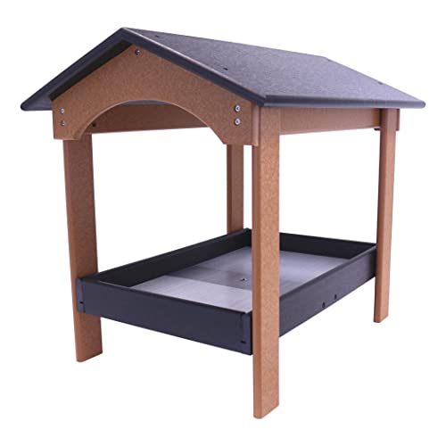 Ground Bird Feeder, Deluxe Fly-Through Covered Feeder for Birds and Squirrels with Screen Mesh Tray (Black/Cedar) - color: Black/Cedar