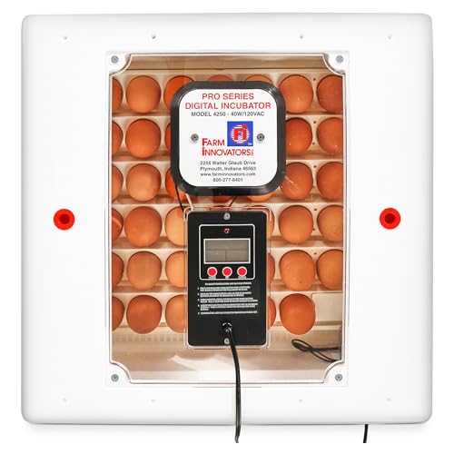 Farm Innovators 4250 Digital Circulated Air Incubator with Egg Turner | 4 dozen egg capacity; auto turner; integrated fan; digital display w/temperature, humidity, days to hatch; large window; 40W