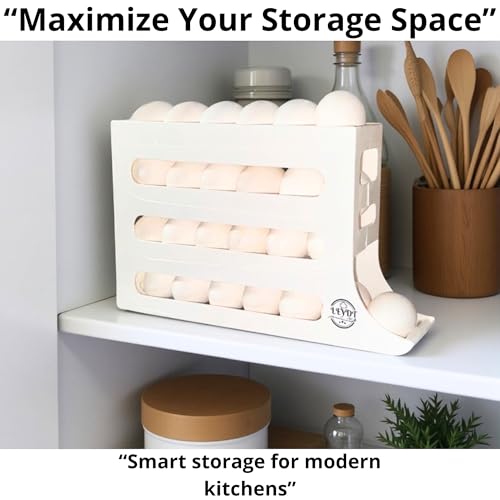Egg Dispenser for Refrigerator, Fits Jumbo Eggs (25 Capacity), 4-Tier Rolling Egg Holder, Holds XL & Medium Eggs, Space Saving Egg Organizer for Fridge, Counter & Pantry