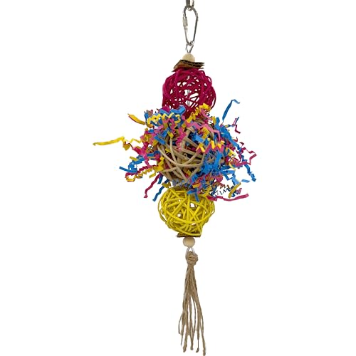 1701 Rainbow Rattan Bird Toy with Jute and Crinkle Paper – Shredding and Foraging Fun for Parakeets, Cockatiels, Conures, and Small Parrots – Natural Bird-Safe Toy for Cage Enrichment
