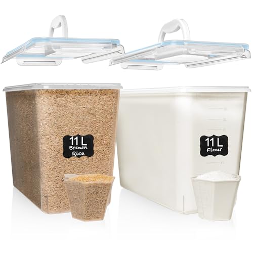 Shazo 2 PC (11L | 372 oz) Flour Sugar Storage Containers with Easy Carry Handle - Plastic Extra Large Food Storage Containers with Lids for Rice Cereal, BPA Free & Airtight Kitchen Pantry Organization - color: Blue