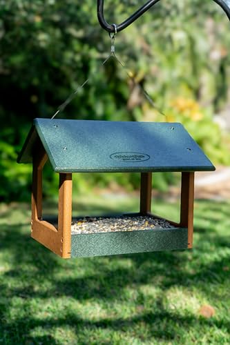 DutchCrafters Amish USA Made Recycled Plastic Large Hanging Modern Fly Through Covered Roof Open Platform Tray Bird Feeder for Outdoors, Garden, Yard (Turf Green & Bright Cedar) - color: Turf Green & Bright Cedar
