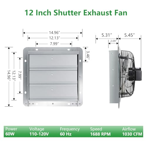 Shutter Exhaust Fan, 12 inch Wall Mount Attic Fans w/Speed Controller,1030 CFM,Chicken Coops Vent Fan for Greenhouse, Gable, Barn, Garage, Shed Ventilation Fan - color: With Speed Control, size: 12inch