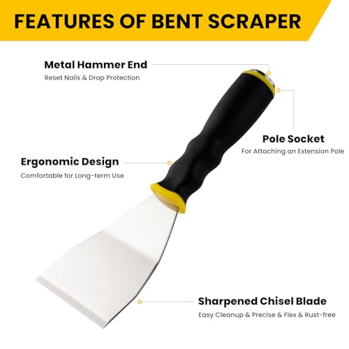 Mister Rui 3" Heavy Duty Bent Scraper, Hammer End with Pole Socket | 3" stainless bent scraper, curved blade. Anti-slip rubber handle. Hammer end fits pole. For paint removal & floor cleaning - color: Yellow