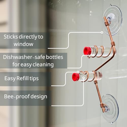 Geometric Window Hummingbird Feeder | Copper and Aluminum | Multiple Stations | Modern Hummingbird Feeder | Handcrafted | Home Décor | Glass Bottles | Suction Cups (Copper)