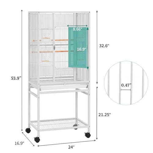 DWVO 53.9-Inch Metal Bird Cage: Large Parrot Cages with Seed Catcher & Cover - Rolling Stand with Brakes for Parakeets, Lovebirds, Cockatiels, Finches and Pigeons - color: White, size: 24.0"L x 16.9"W x 53.9"H