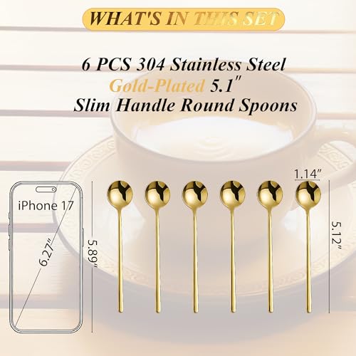 Long-handled Mirror-Finish Small Round Stainless Steel Spoon, Suitable for Scooping Bird's Nest, Honey, Coffee, Milk Powder, Sugar, Cocoa Powder and Other Foods & Desserts (6pcs 5.1", Gold-Plated) - size: 5.1in, style: 6Pcs Gold-Plated