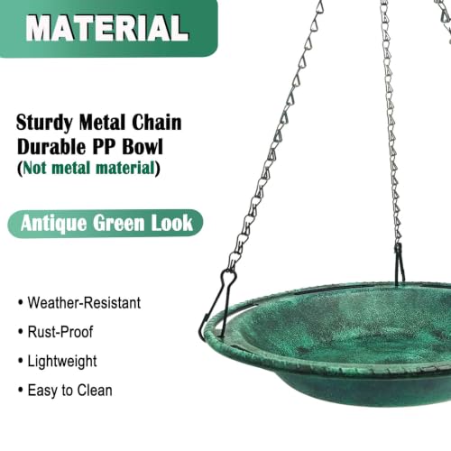 Hanging Bird Bath & Feeder Bowl, 12 in, Antique Green | Weather-Resistant PP, Backyard Garden Decor - color: Green