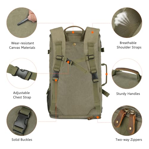 Travel Backpack for Men, 40L Flight Approved Carry On Backpack, Water Resistant Canvas Rucksack with 17.3" Laptop Sleeve, Convertible Duffel Bag for Airplane, Business & Travel - color: Green