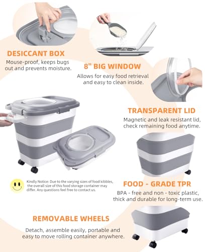 HOYTAMDAR 25-28lb Collapsible Dog Food Storage Container,Dog Food Container | Pet Food Storage Container with Airtight Lid,Wheels,Handle,Measuring Scoop&Small Container For Dog Cat Bird Seed - color: Grey-28lbs