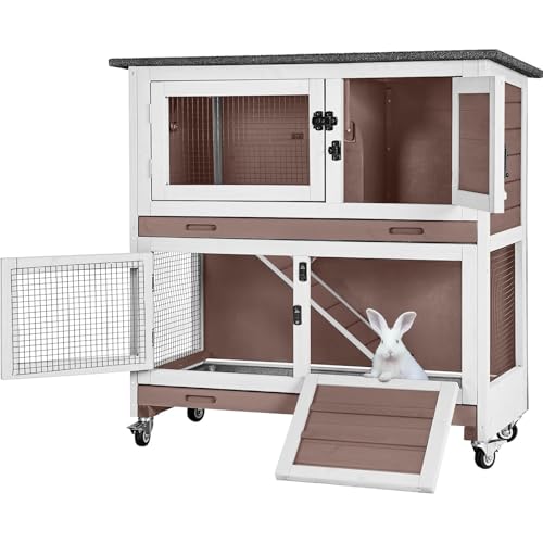 Rabbit Hutch Bunny Cage Wooden 2-Story Indoor Outdoor Small Animal House with Wheels, Two Removable Trays, Guinea Pig Cage (Brown) - color: Brown-AIR77