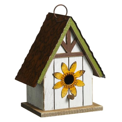 Glitzhome Bird Houses for Outside, Blue Bird Houses for Outdoors, 8.25" H Solid Wood Decorative Hanging Bird House Distressed Cottage Outdoor Garden Birdhouse with 3D Metal Roof and Flower - color: 8.25"H Flower
