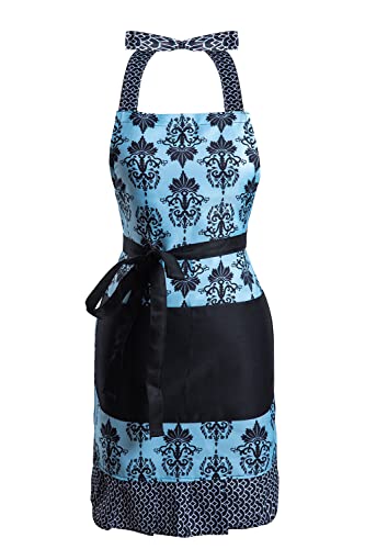 Lovely Flower Pattern Retro Aprons With Large Pockets for Women Girls Cooking Kitchen Bakery Mother's Gift - color: Dark Bloom
