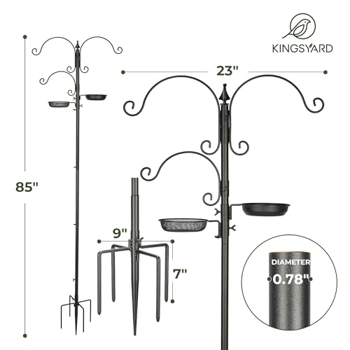 Kingsyard Bird Feeder Pole for Outdoors, 5-Prong Bird Feeding Station | 85-inch bird feeder pole with 3 adjustable hooks, seed tray and water bowl; tool-free setup with rust-resistant metal