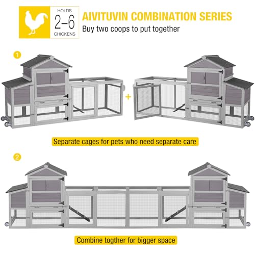 Aivituvin Mobile Chicken Coop with Wheels for 4-6 Chickens, Backyard Expandable Chicken House Duck Cage with Run, 2 Nesting Boxes, Easy Clean Pull-Out Tray, Leak-Resistant Asphalt Roof, 82.4"(Grey)