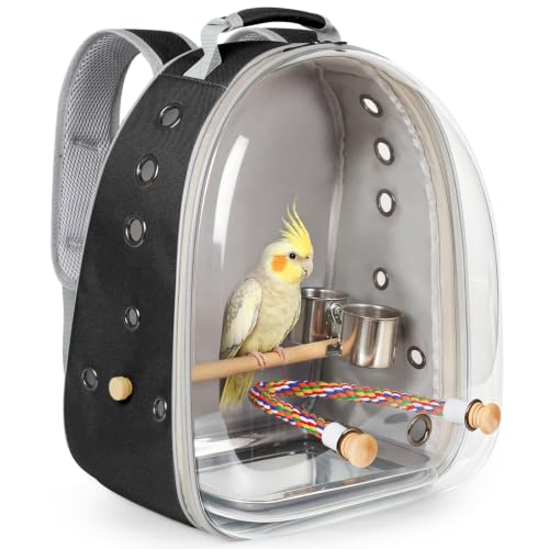 Bird Traval Carrier Cage, Multi Vent Holes Clear Space Capsule Astronaut Backpack to Carry Parakeet Cockatiel Parrot with Metal Tray Wood Perch, Vet Transport Book Bag - color: Black