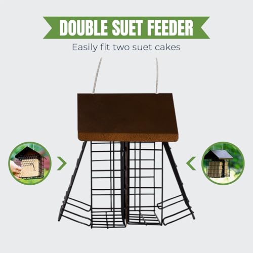MEKKAPRO Suet Bird Feeder Metal Roof Cage Hanger Holds 2 Suet Cakes Outside | Woodpecker Feeder Offering Two Suet Bird Feeder Capacity; A Hanging Wild Bird Feeder Basket Built For Outside Use Year-round