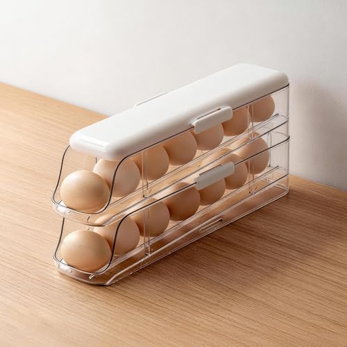 PAVSTINE 2-Tier Auto Rolling Egg Holder with Lid for Fridge, Clear | Stackable Egg Container, Large Capacity Holds Up To 14 Eggs, Refrigerator ＆ Kitchen Countertop Storage - size: 2-Tier with Lid