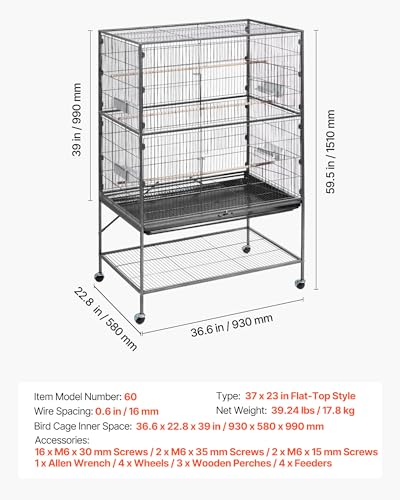 VEVOR Bird Cage, 36.6 x 22.8 x 59.5 inch, Flat Top, Wrought Iron Bird Flight Cage with Perches, Slide-Out Tray and Plastic Feeders, for Blue Tit, Cockatiel, Canary, Monk Parakeet, African Grey Parrot - size: 36.6"L x 22.8"W x 59.5"H