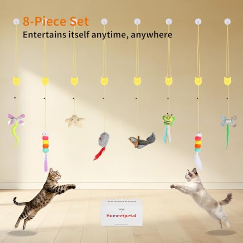 8 Pcs Hanging Cat Teaser Toys, Bird & Mouse Toys with Bird Chirp & Catnip, Bell Feather Toys, Drill-Free Wall Mount for Indoor Kittens and Adult Cats