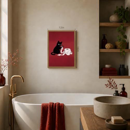 GELDSTEI Wood Framed Vintage Black Cat Funny Bathroom Wall Art 16x24 in | Playful Toilet Paper Black Cat Wall Decor, Humorous Bathroom Art Print, Unique Gift for Cat Lovers and Pet Owners - color: Cat, size: 24"L x 16"W