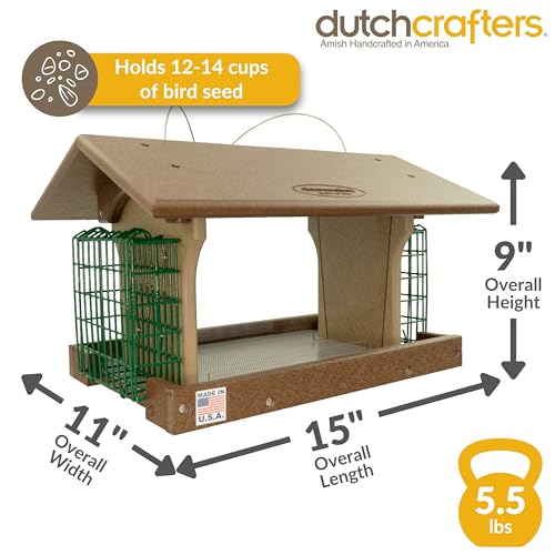 DutchCrafters Poly Hanging Large Hopper Bird Feeder with Two Suet Cake Holder Cages, Durable Long Lasting Outdoor Bird Feeder - Amish American Made in USA (Tudor Brown & Weatherwood) - color: Hanging - Tudor Brown & Weatherwood