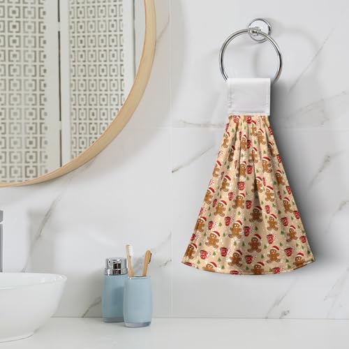 Christmas Gingerbread Man Kitchen Towels with Hanging Loop Candy Cane Hot Cocoa Xmas Tree Hand Towels Set of 2 Orange Bath Towels Winter Holiday Soft Absorbent Fingertip Dish Tie Towel for Bathroom - color: Gingerbread Orange